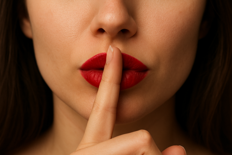 close-up of female lips with finger. shush, silence or secret gesture.